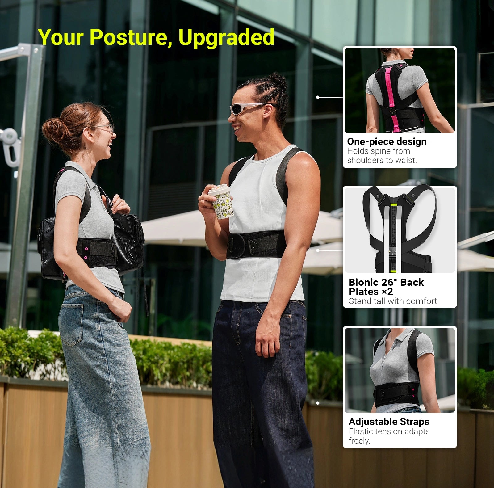 Two people wearing posture correctors with product features highlighted.