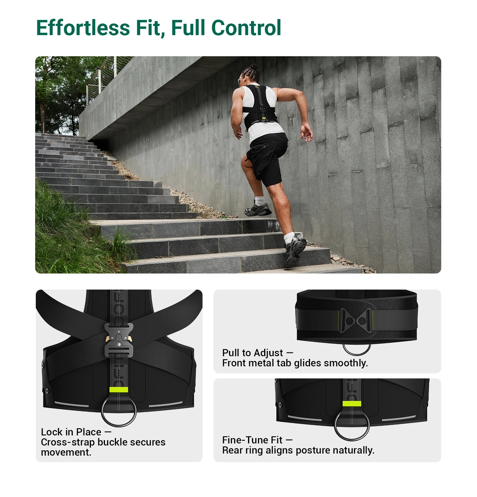Person running outdoors with a black waist support belt and product features displayed.