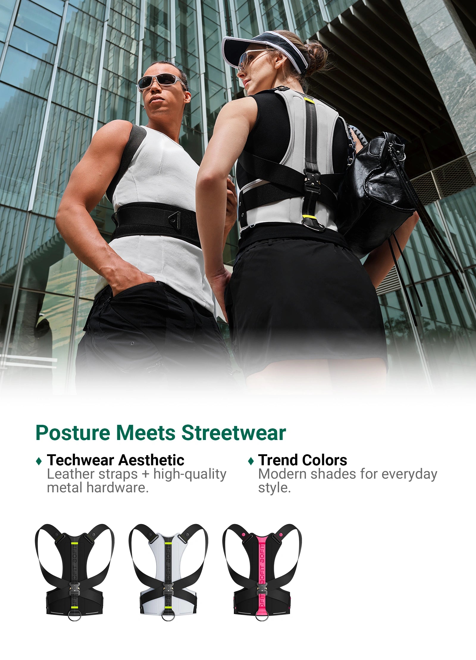 Two people wearing posture correctors with text about techwear aesthetic and trend colors.