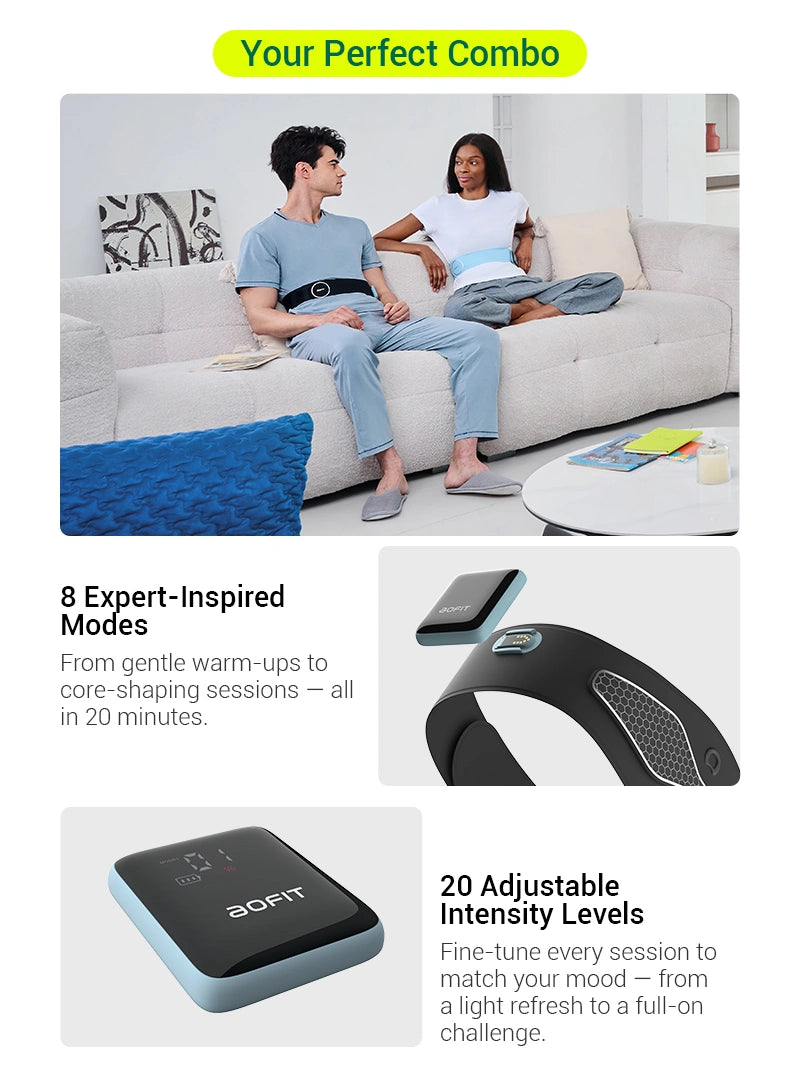Two people sitting on a couch with a device, surrounded by text about its features.