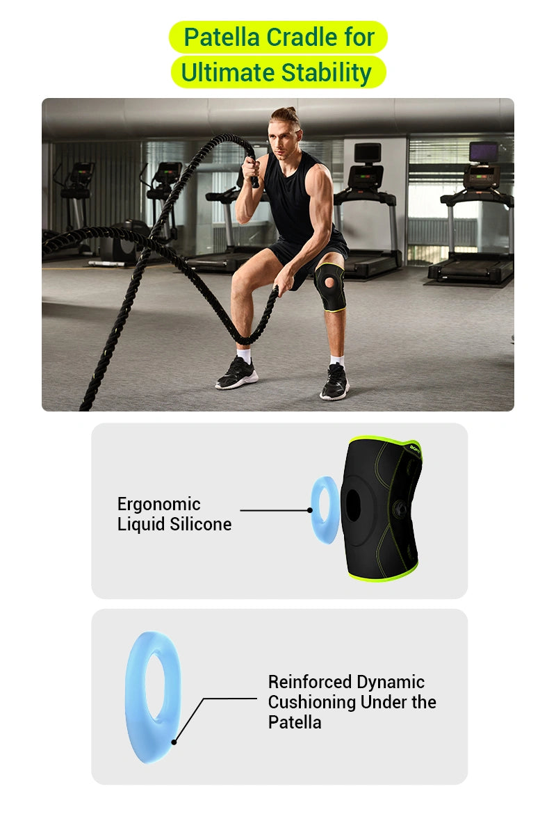 Person exercising with resistance bands in a gym, featuring text about Patella Cradle for stability.