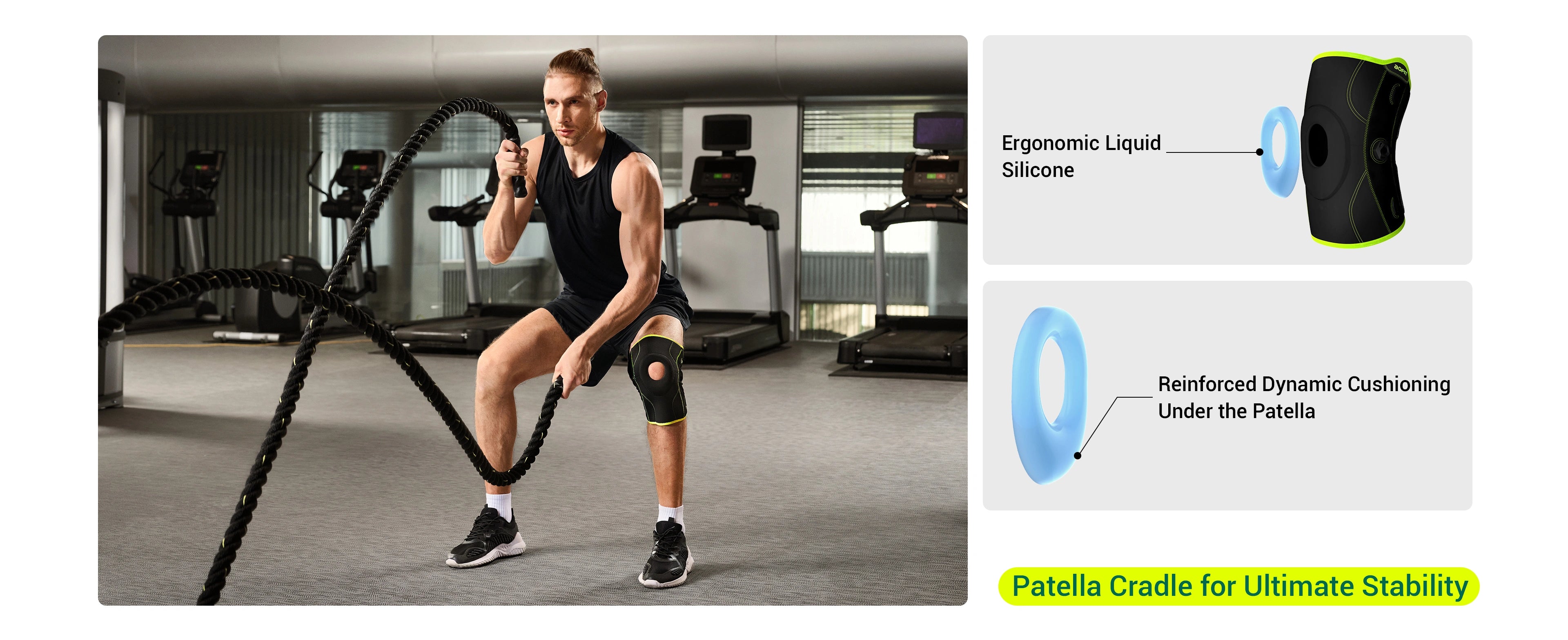 Person exercising with resistance bands in a gym setting, featuring knee support product details.