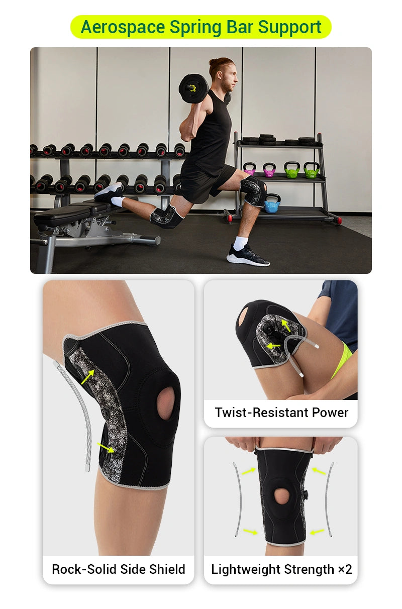Person exercising with a knee brace, showing different angles and features of the brace.