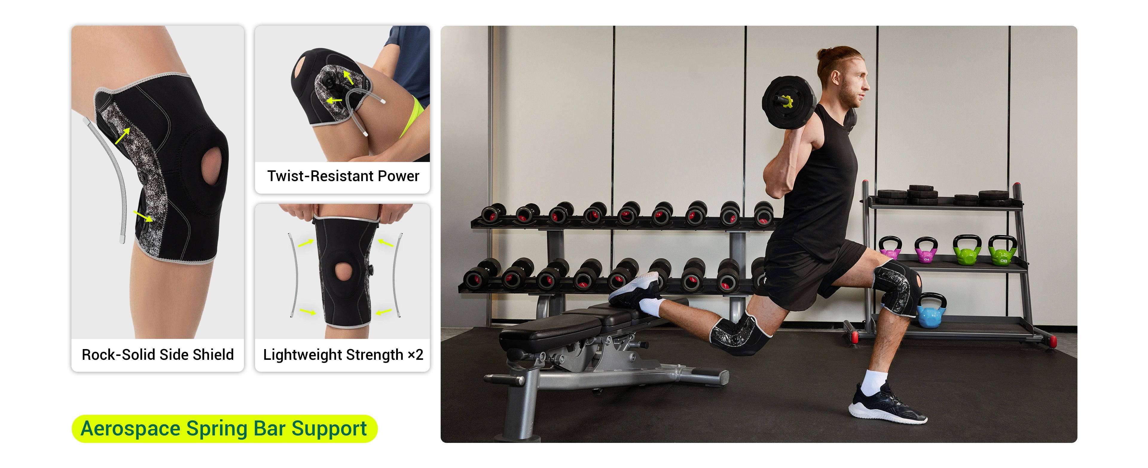 Knee brace with features highlighted and a person using it in a gym setting.