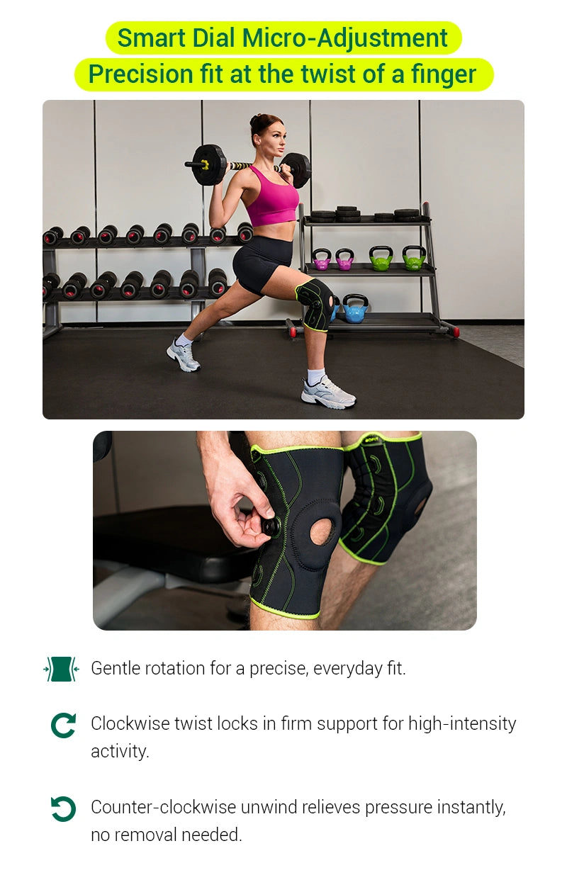 Person exercising with knee support and product features highlighted