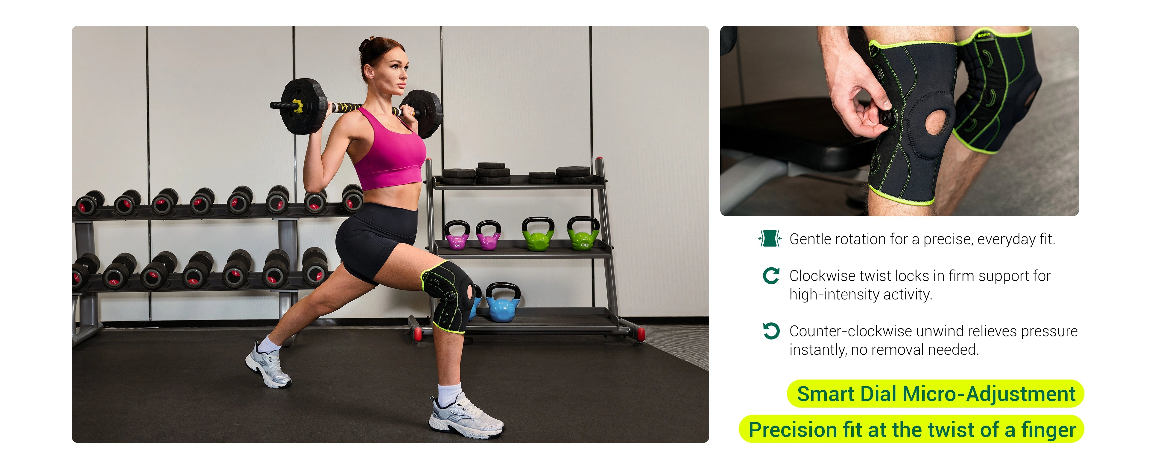Woman exercising with weights and a person wearing a knee brace in a gym setting.
