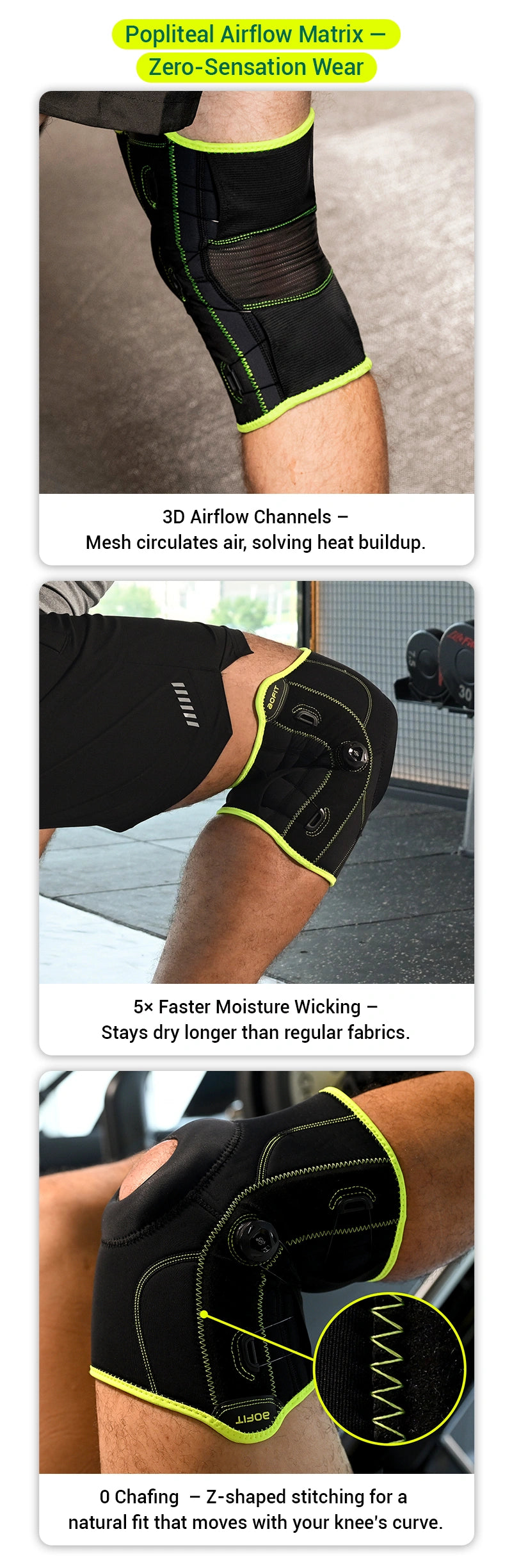 Product image of a knee brace with features highlighted