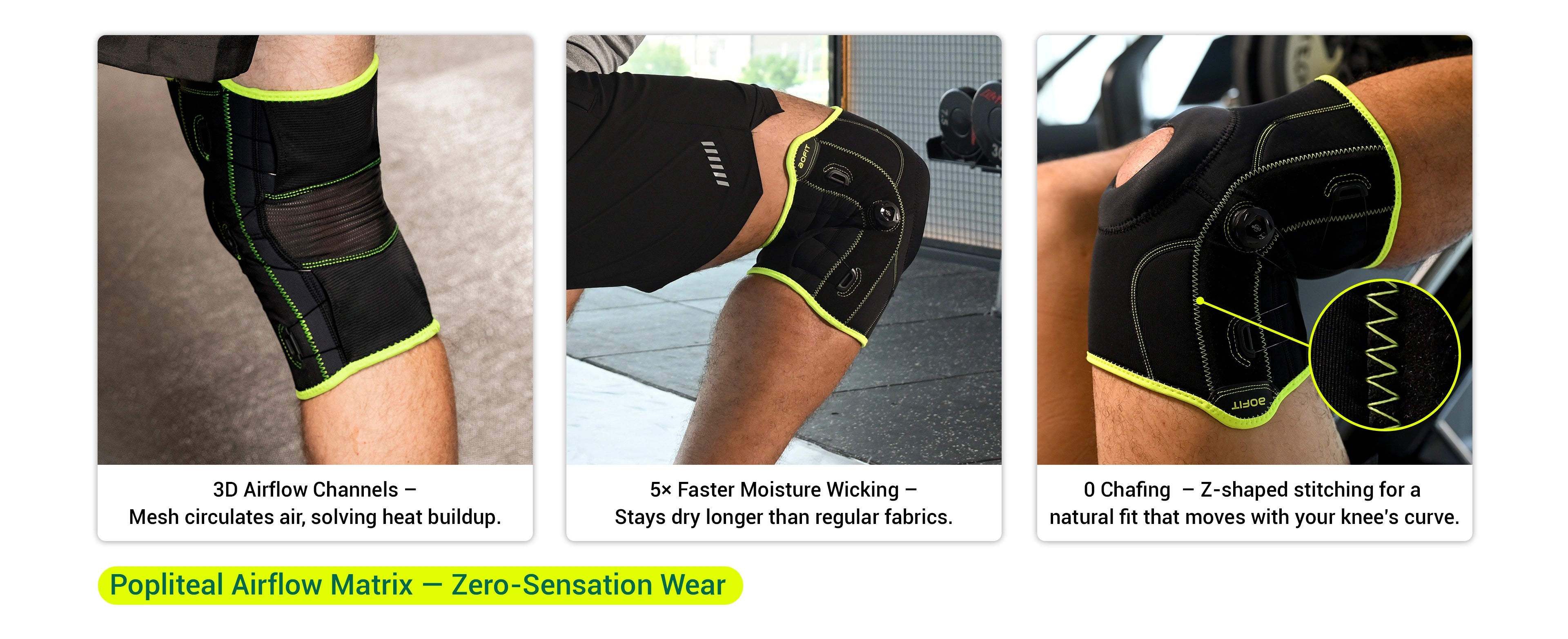 Knee support with text highlighting features on a person wearing it.
