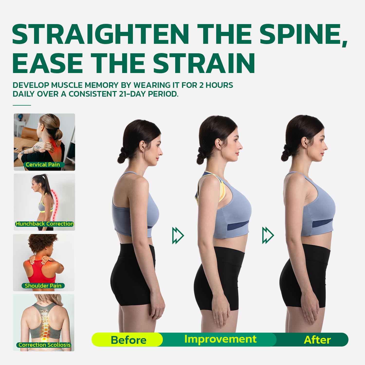 Advertisement showing a woman's body transformation from poor posture to improved posture with text 'Straighten the Spine, Ease the Strain'.