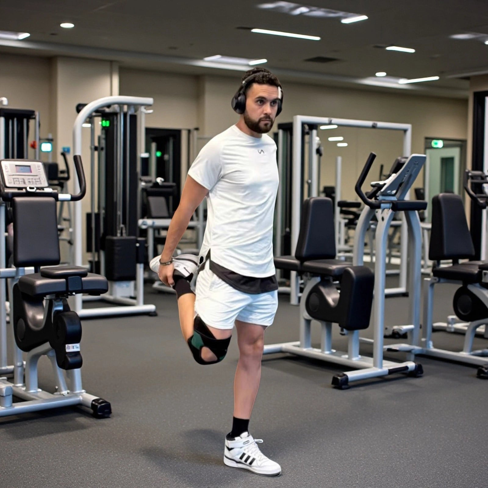 man wears a knee brace at gym