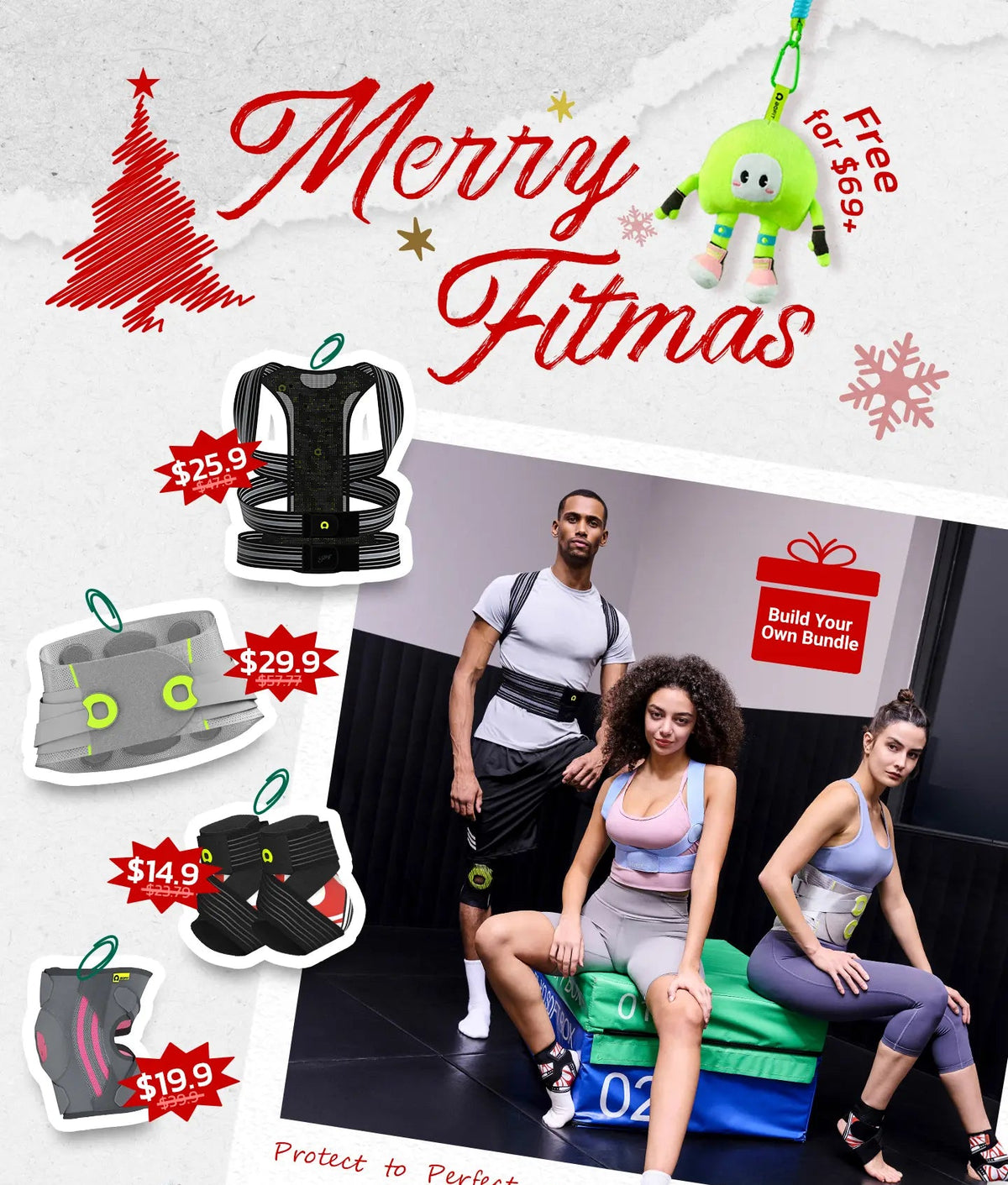 Promotional graphic for fitness products with text 'Merry Fitmas' and images of people exercising.