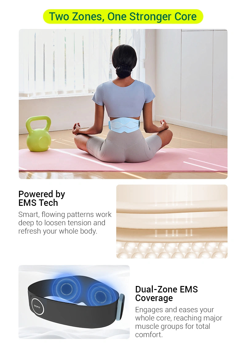 Person using a fitness device with text about EMS technology and dual-zone coverage.