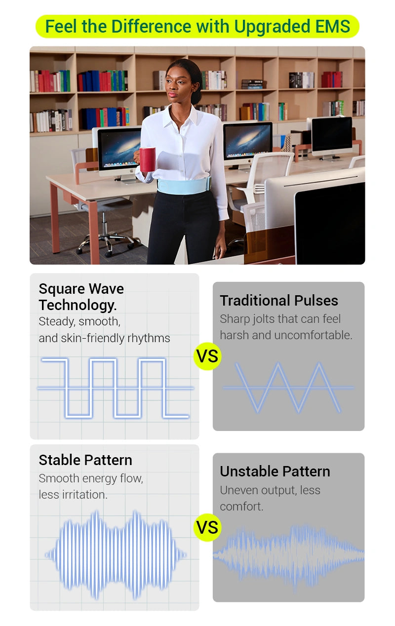 Woman holding a cup in an office setting with text about EMS technology.